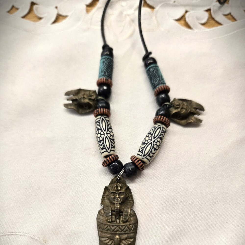 Unique Unusual Egyptian style necklace on leather cord, vintage